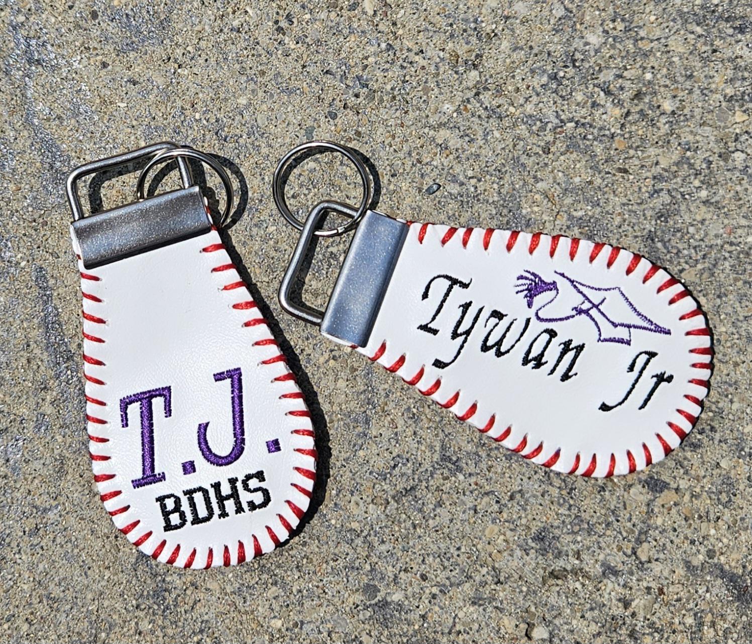 Personalized Baseball Keychain: Embroidered Leather Bag Tag