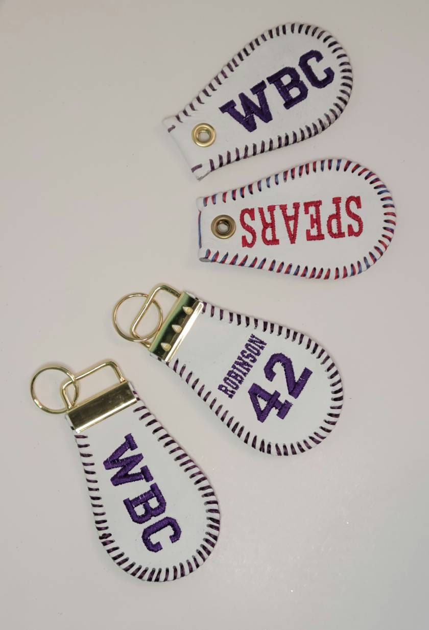 Personalized Baseball Keychain: Embroidered Leather Bag Tag