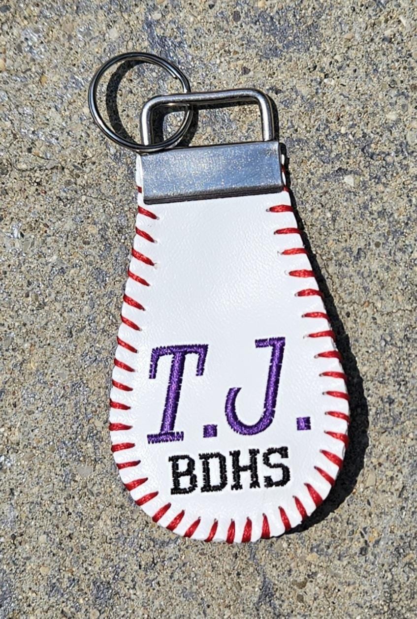 Personalized Baseball Keychain: Embroidered Leather Bag Tag