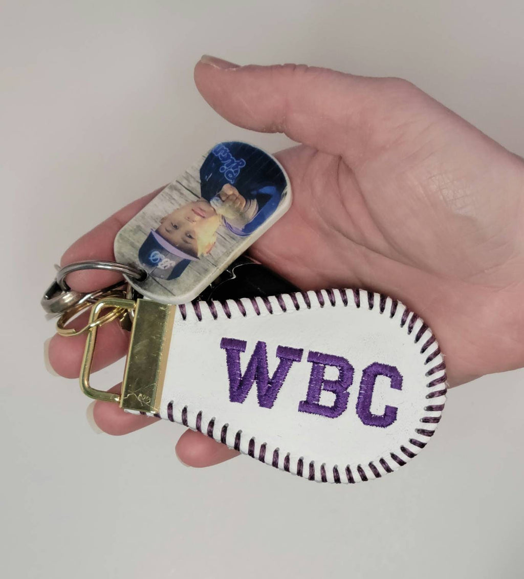Personalized Baseball Keychain: Embroidered Leather Bag Tag